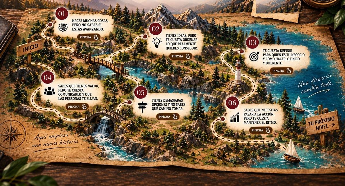 Mapa ilustrado del recorrido YuCoaching con seis puntos numerados sobre un paisaje de montaña, lago, puente y faro.